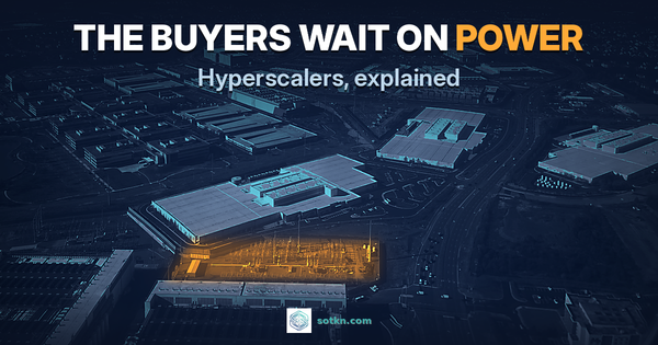 Who are the hyperscalers: aerial view of data-centre campuses near Ashburn, Virginia at night, with the substation yard lit amber and the words the buyers wait on power