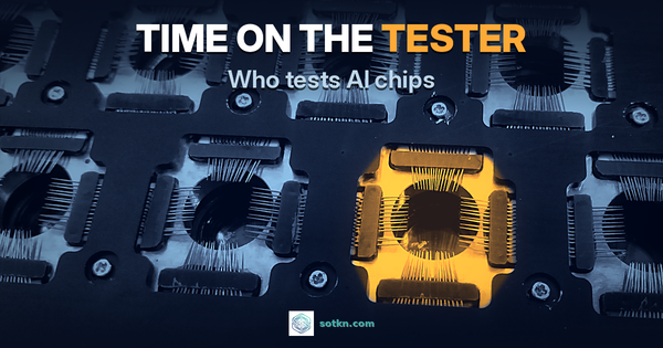 Who tests AI chips: macro photograph of a multi-site probe card in night-blue light, with one test site lit amber as the time each chip spends on the tester