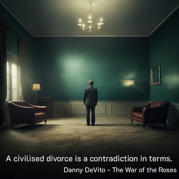 A man in a suit in an office standing in front of the wall. The Quote by Danny DeVito from War of the Roses 'a civilised divorce is a contradiction in terms'