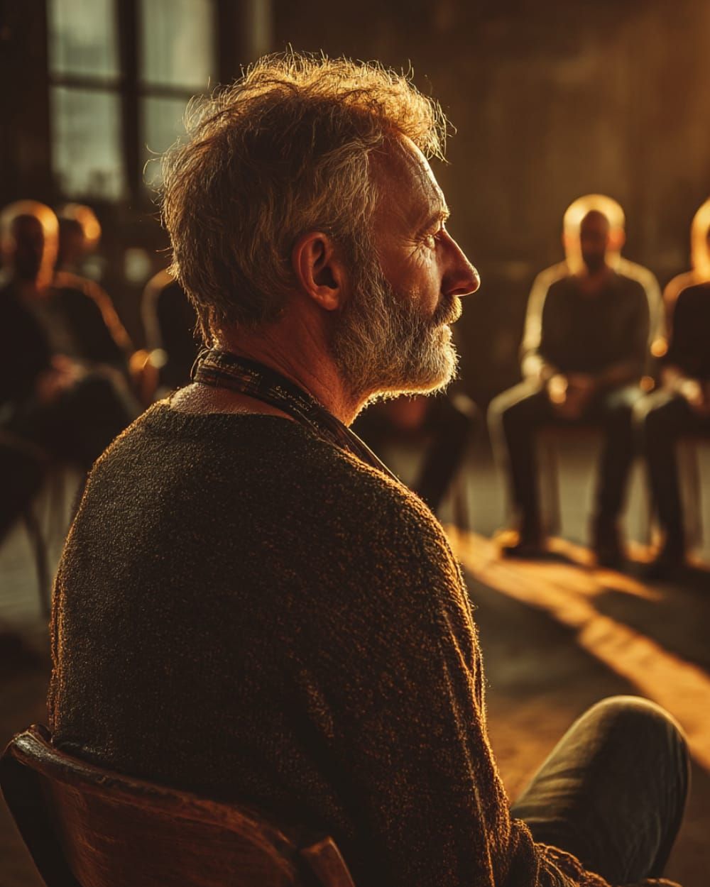a man sitting in a support group. soft lighting dusk glow