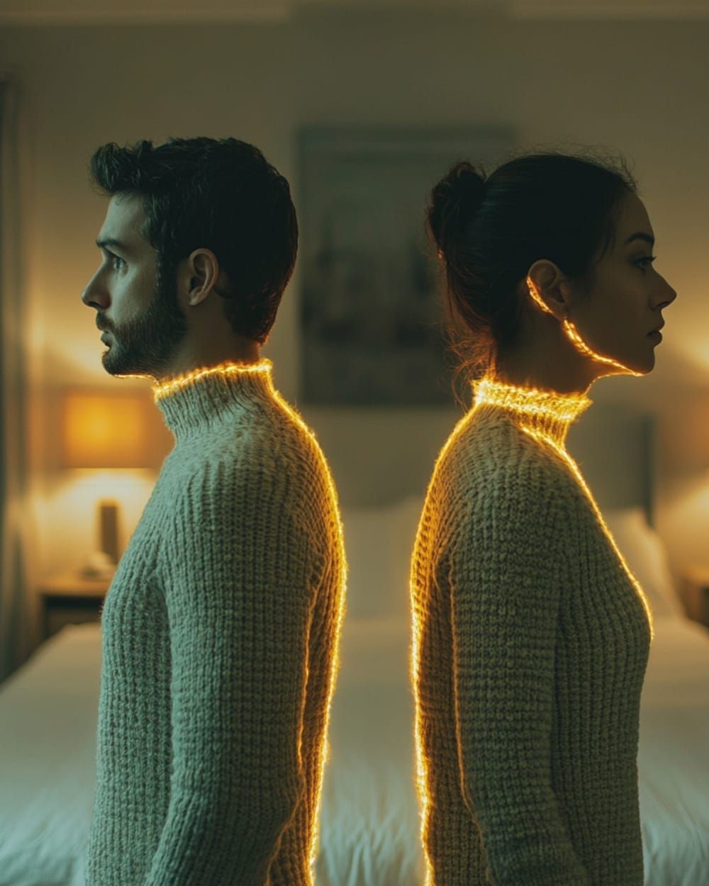 A man and woman in matching wooly tops standing back to back in front of a bed, Soft glow of light reflecting on them