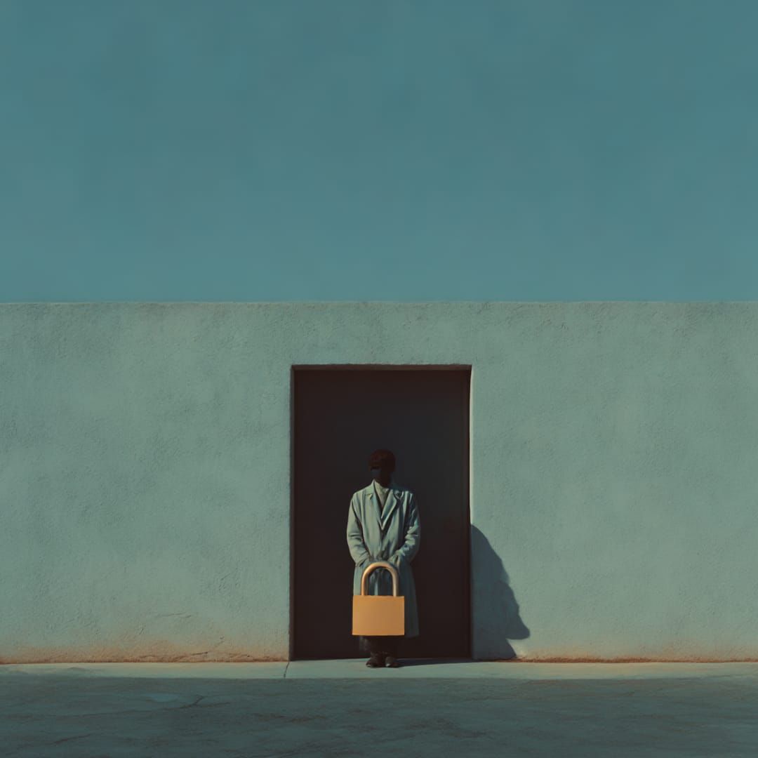 A person in a coat holding a very large bronze box. Standing in front of a dark doorway. 