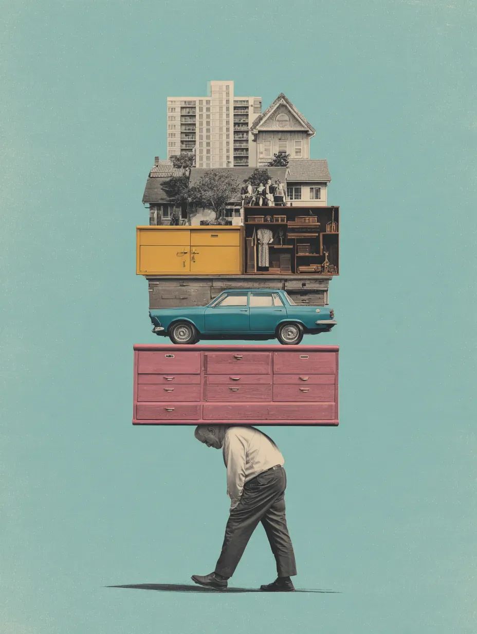 a man bent over carrying a desk, a filing cabinet, a house, a car and a family on top