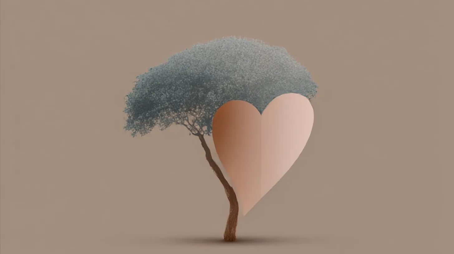 A tree with a thin trunk and a large floating pink heart