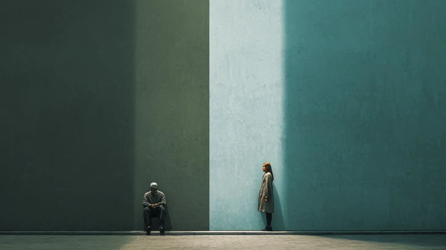 A man and a woman far apart leaning against a wall. Half is dark green and the woman stands in the lit area, 