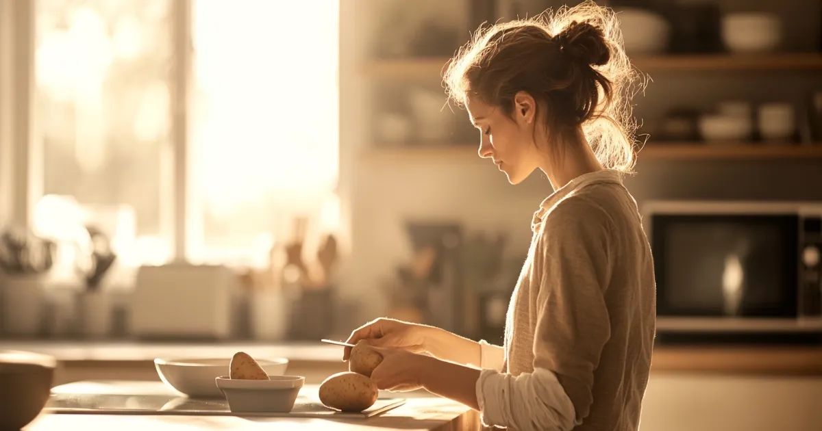 A woman pauses while peeling potatoes in her kitchen, lost in thought, with soft light coming through the window behind her.