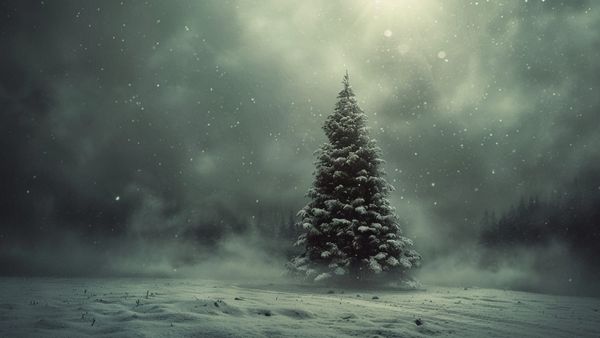 A lone, snow-covered pine tree in a snowy field under a dark, cloudy sky. mystical atmosphere.