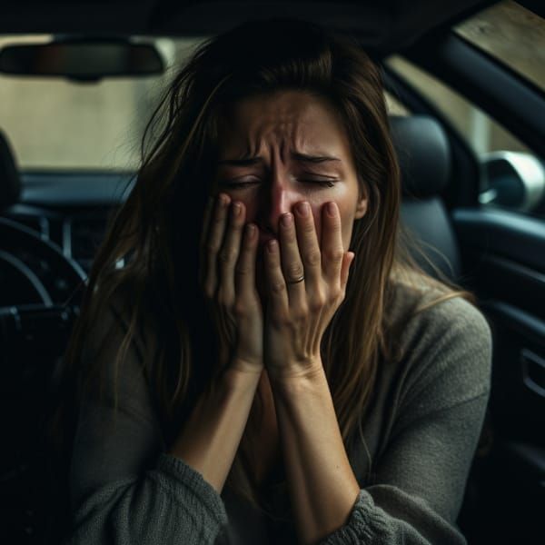 A woman sobbing in her car, breaking from abuse