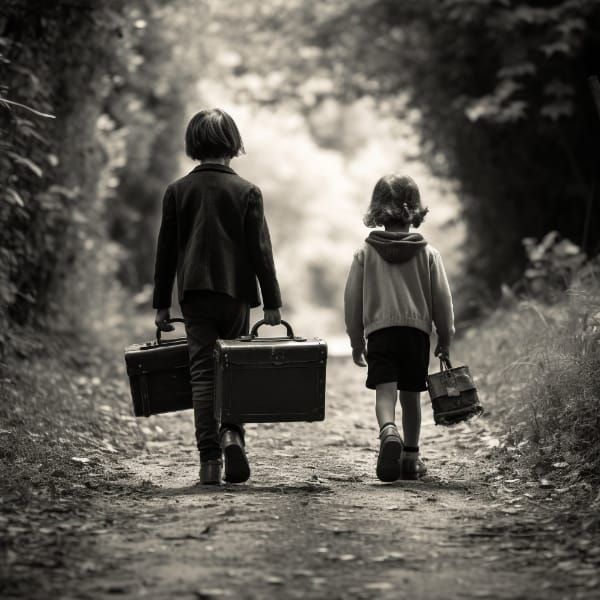 Two young children carrying their cases down a leafy lane to meet their dad