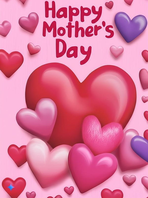 A Mother's Day card with colourful hearts on a pink background