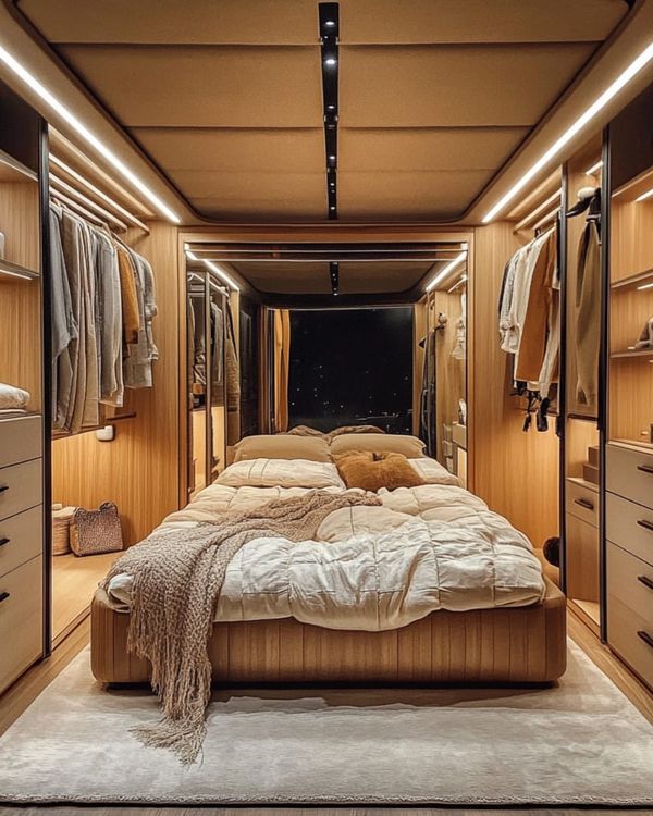 A double bed in the middle of a walk-in wardrobe