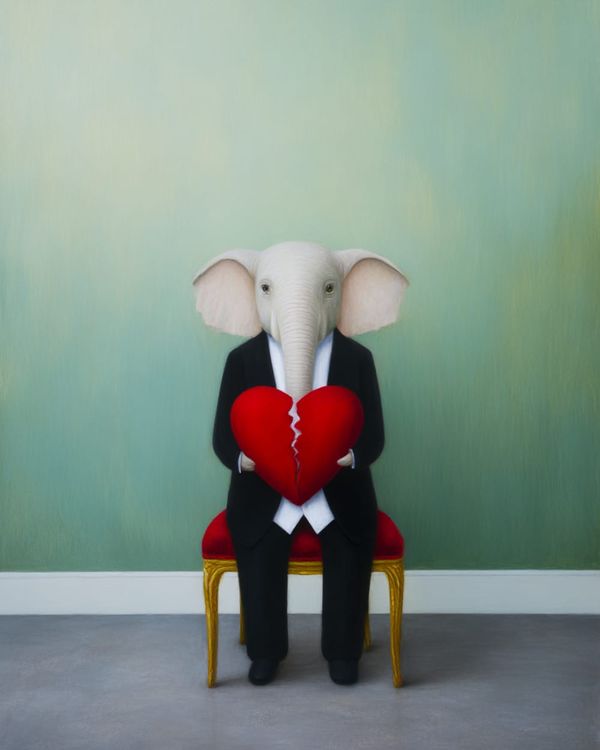 An elephant in a suit, sitting on a chair holding a broken heart 