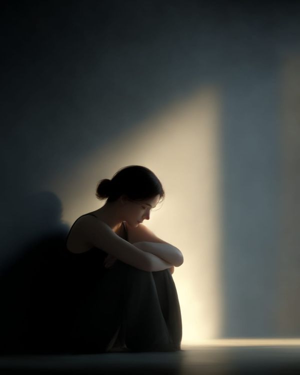A woman sitting on the floor, soft evening street light. Alone