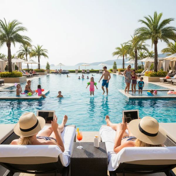 two people by a pool with kids playing, lying on sun loungers looking at their tablets researching divorce