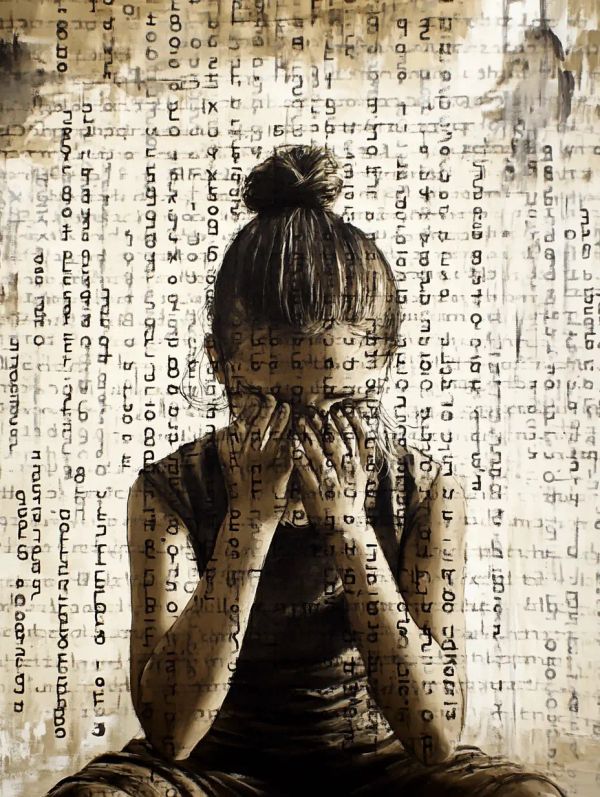 A girl with her head in her hands with word like shapes all over the image