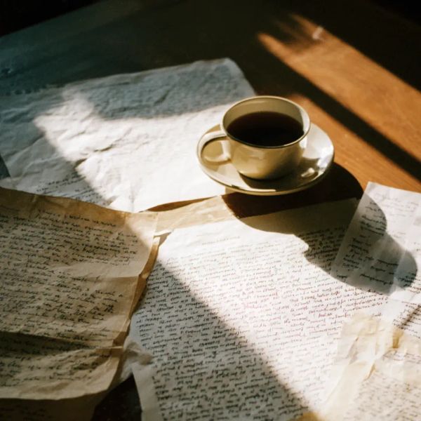 a cup of coffee on a table covered in written pages of journaling and self reflection 