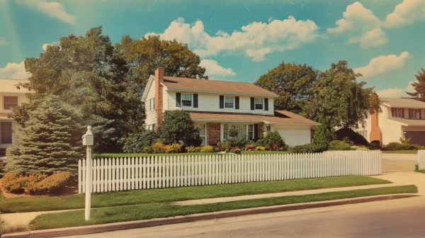 a house in the suburbs with a white picket fence