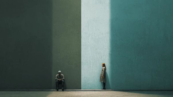 A man and a woman far apart leaning against a wall. Half is dark green and the woman stands in the lit area, 