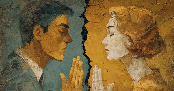 a man and a woman with closed eyes and one had each towards each other - a sense of calm and anger and control