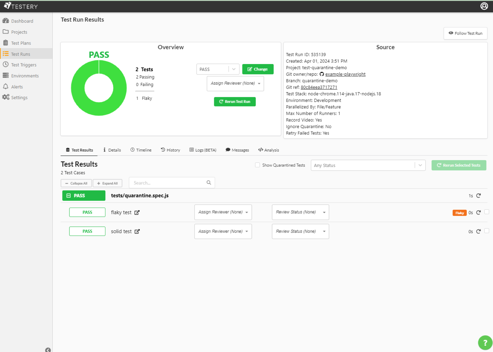 Quarantining Flaky Tests on the Testery Platform
