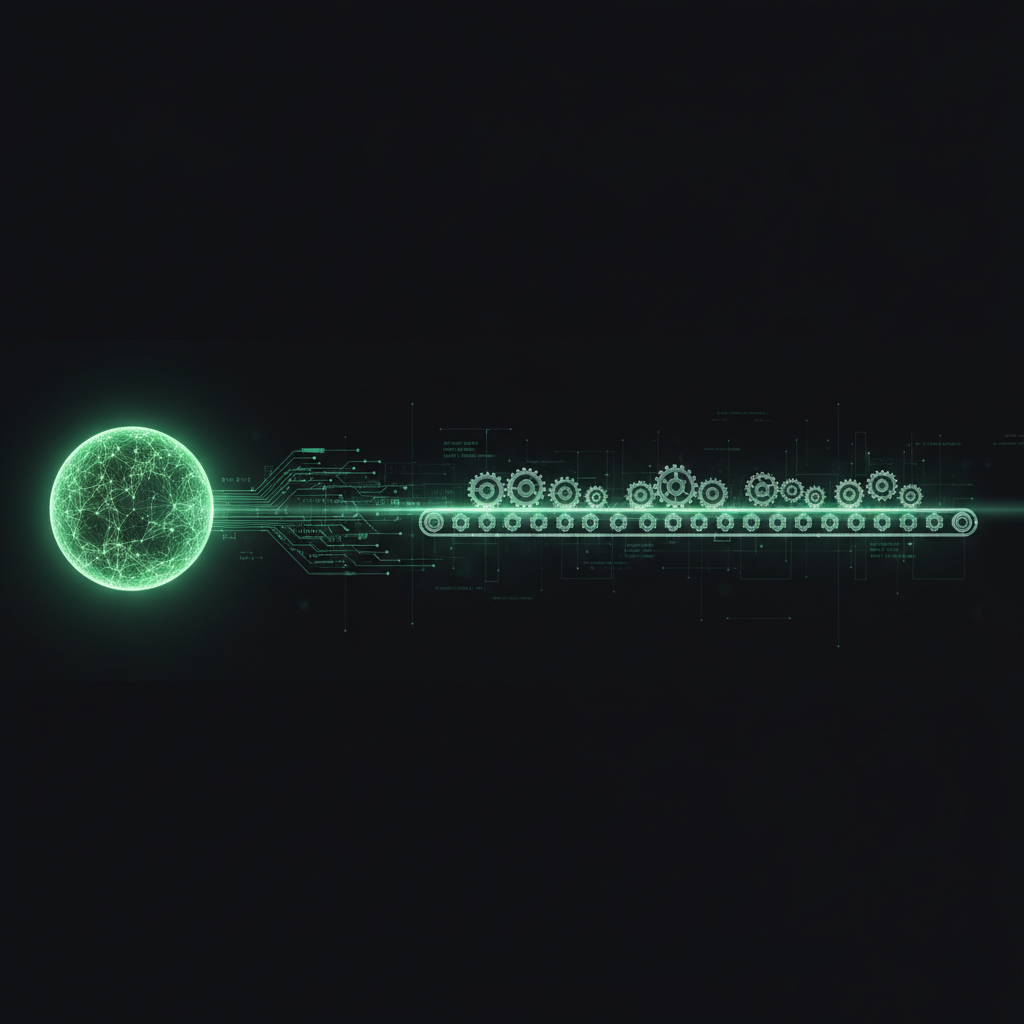 A glowing green AI core on the left flows into a long automated assembly line, suggesting that AI designs the machine and the machine runs itself.