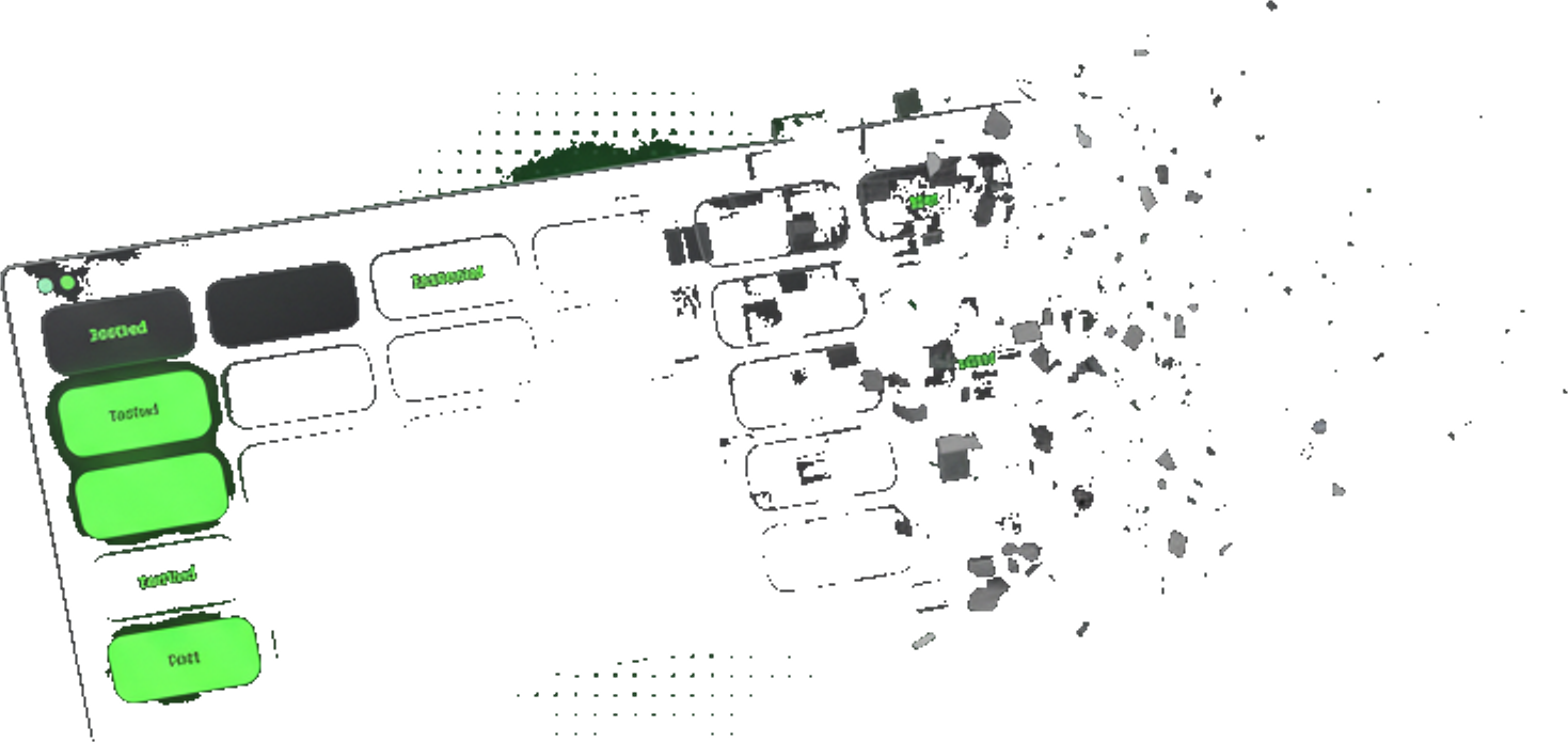 A dark app dashboard whose feature tiles glow green on the left and dissolve into particles on the right