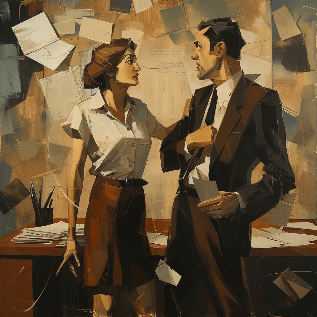 A Dada style image of a male and female office worker.