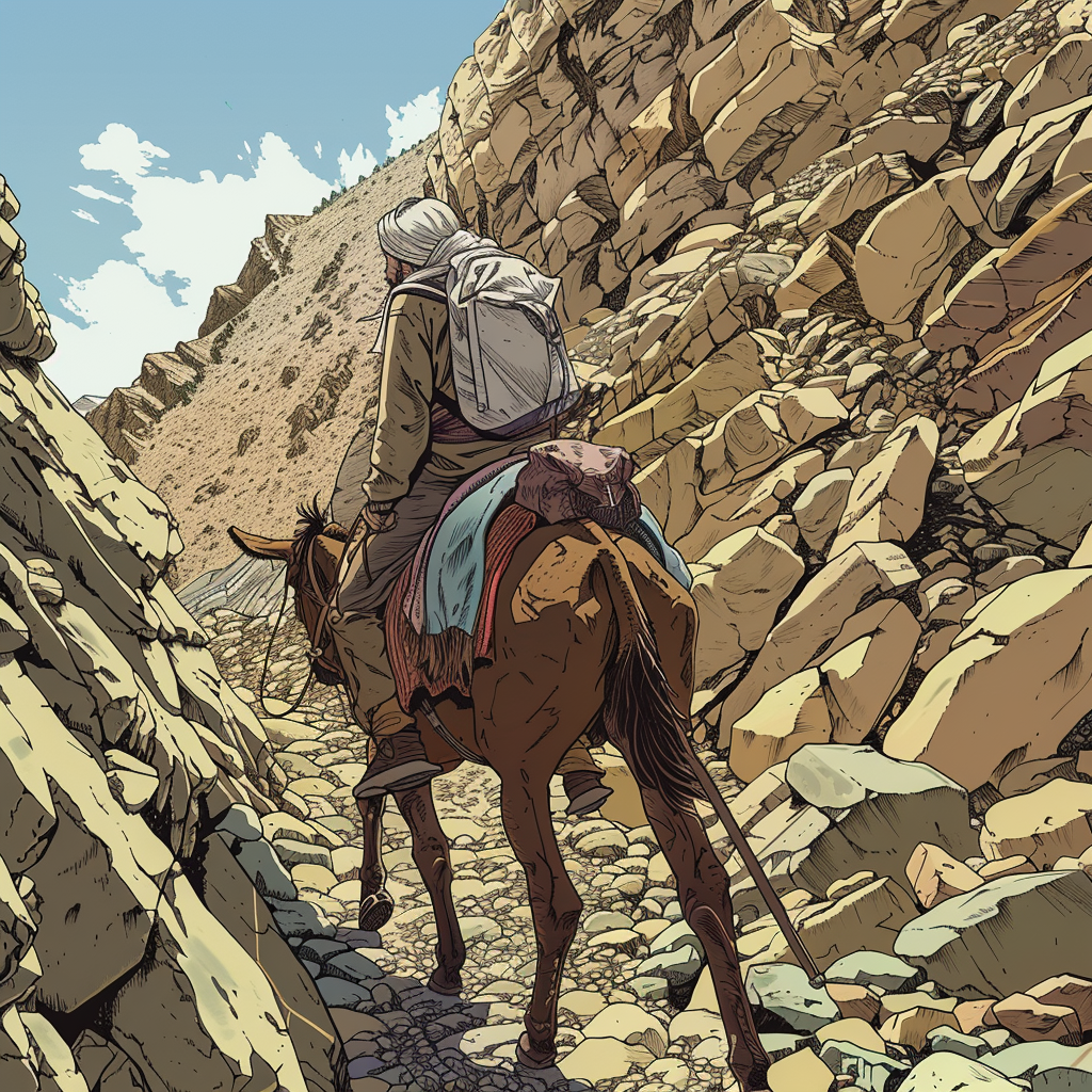 A middle eastern person on a rocky desert pass.