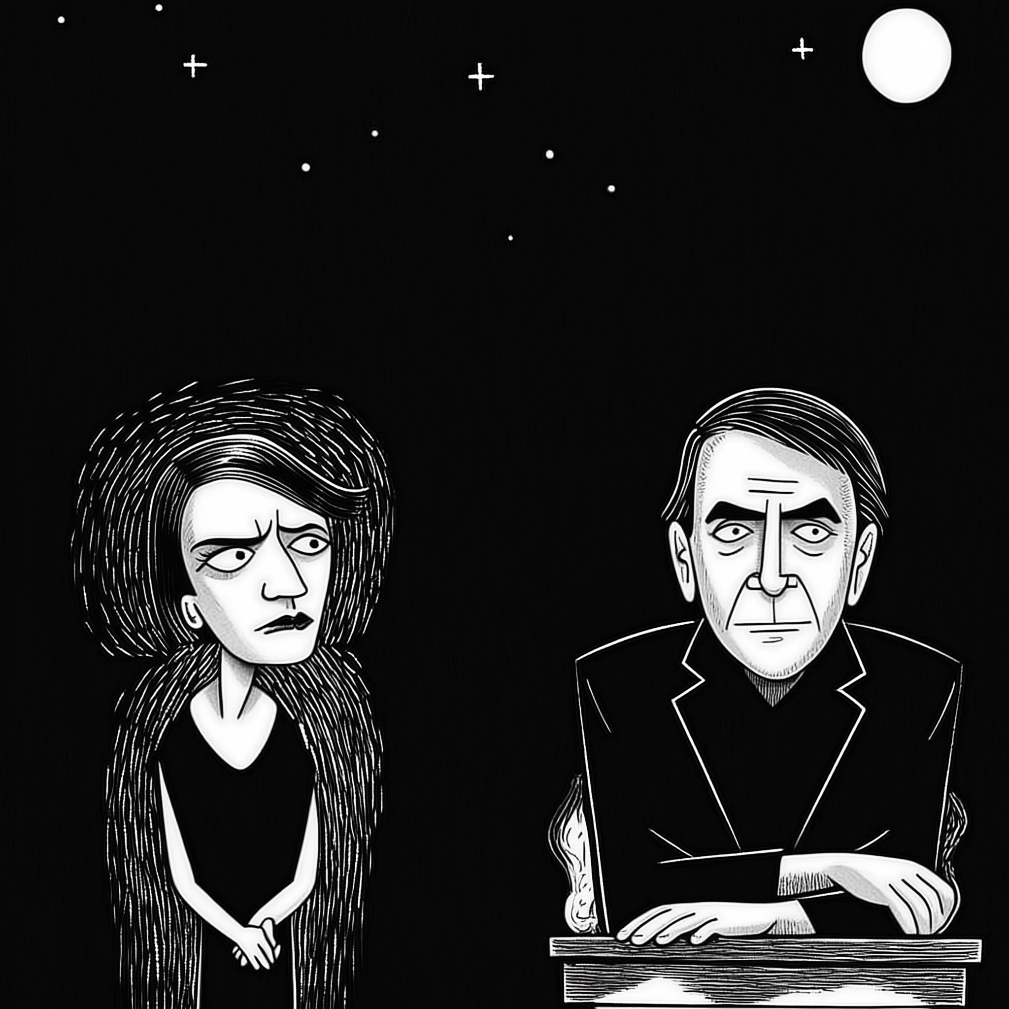Woodcut style image of Carl Sagan and Ayn Rand. Serious pose and stary sky in background