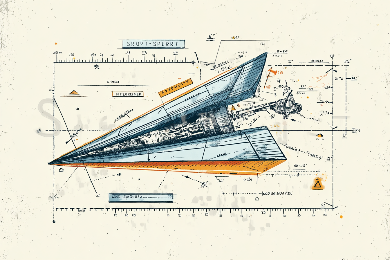 A schematic diagram in orange sand blue for a high tech paper airplane. 
