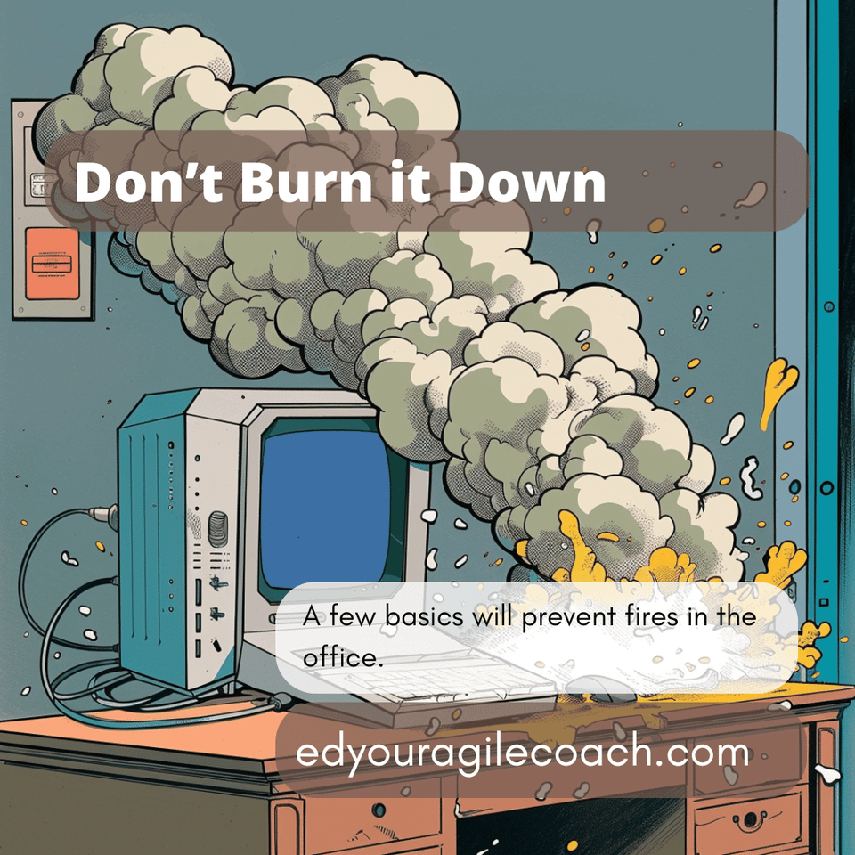 Cartoonish Image of a computer catching fire. 