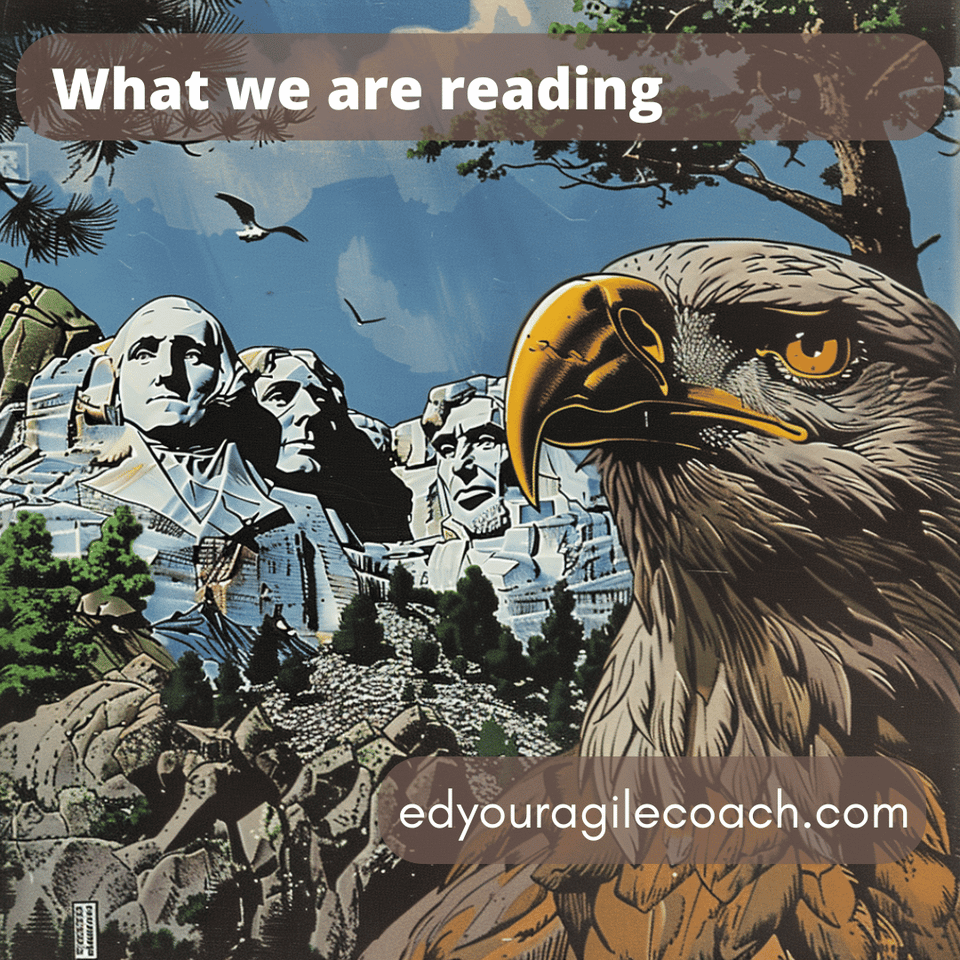 Illustration of an eagle posing in profile in front of mount Rushmore. 
