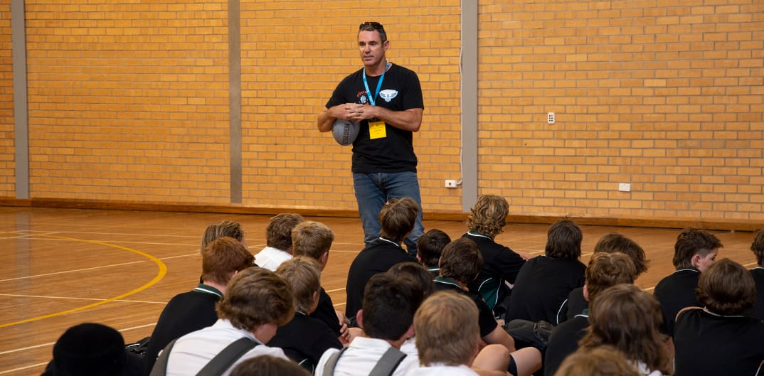 Brad Fittler talks with senior students at Jindabyne Central School.