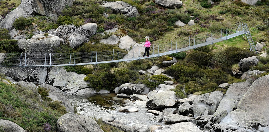 Walking across the Illawong suspension bridge