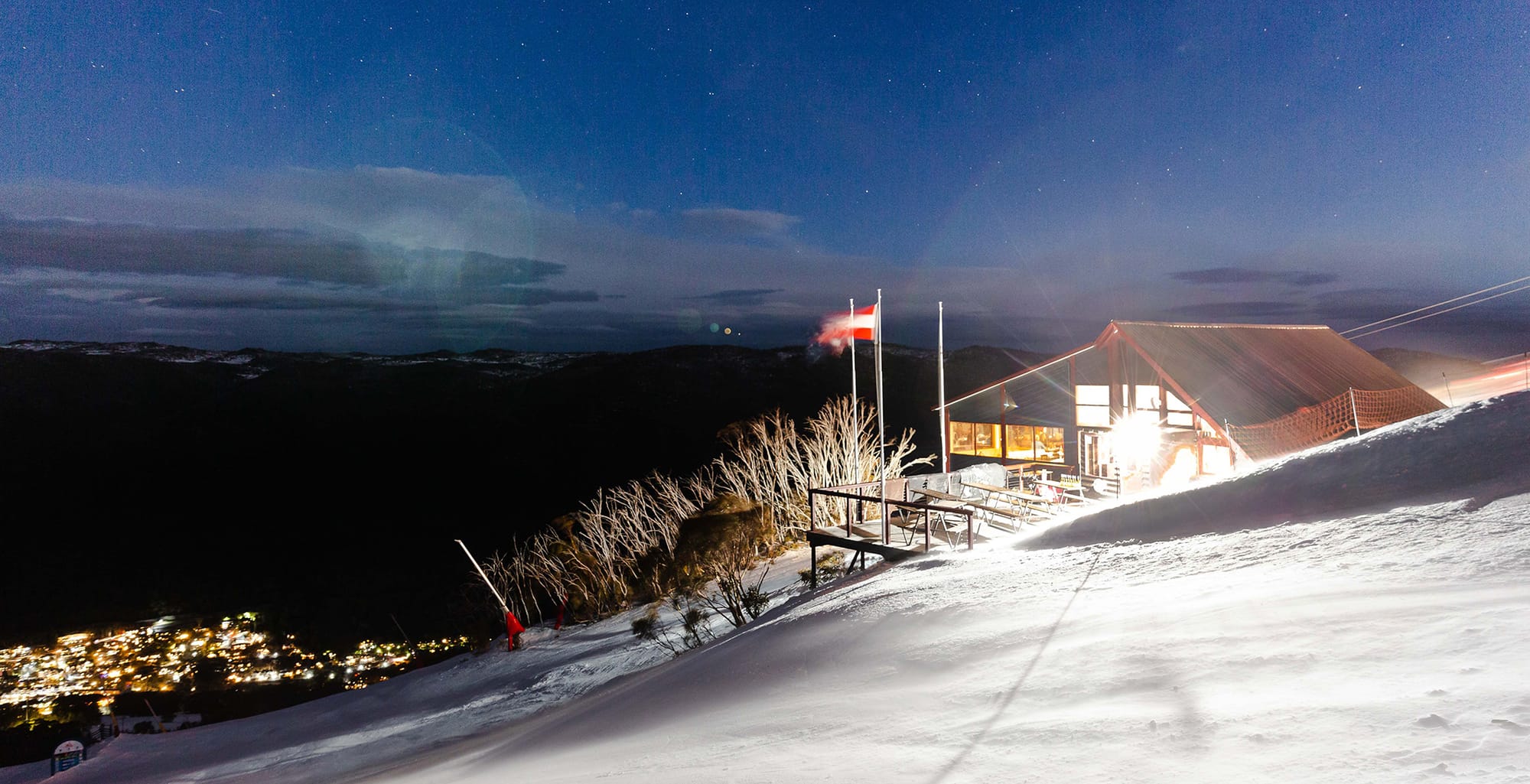 Kareela Hutte by night looking down to the village.