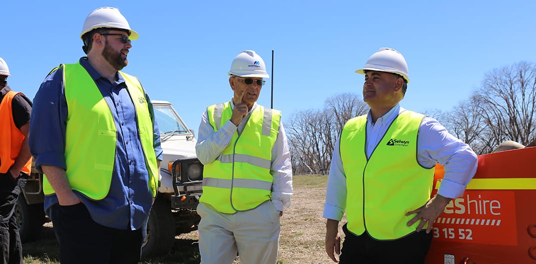 Blyton Group CEO Josh Elliot, Snowy Monaro Mayor Peter Beer and Deputy Premier John Barilaro on site at Selwyn.