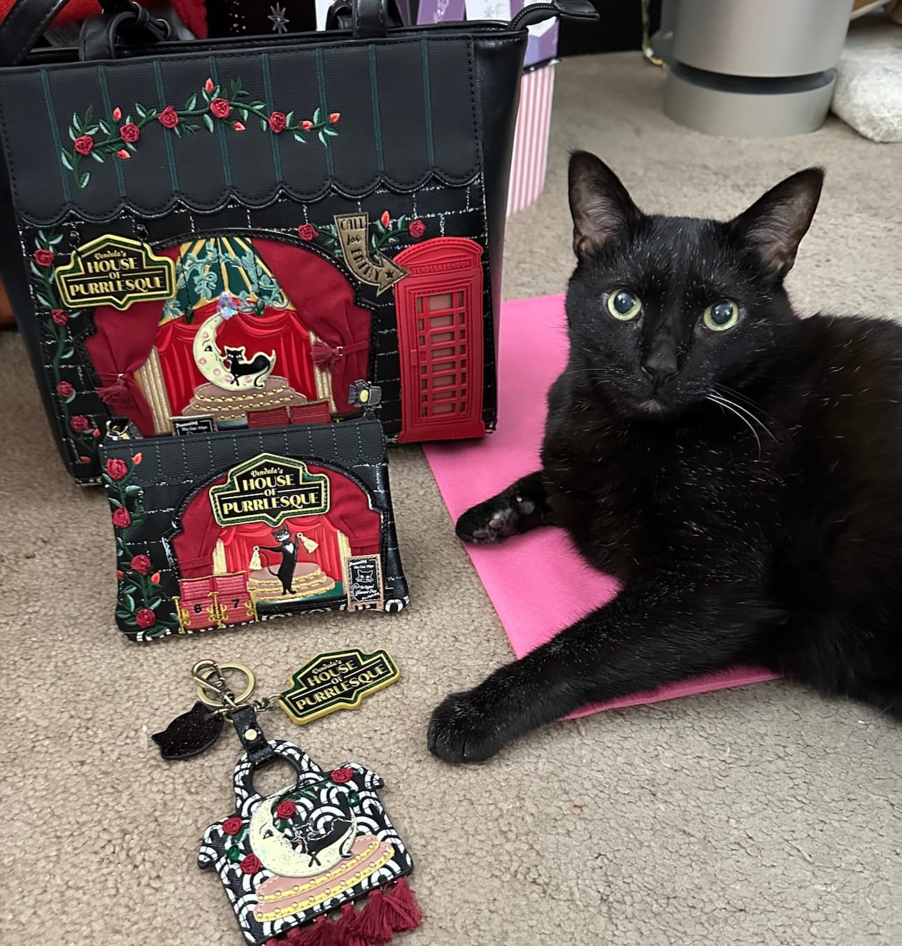 Manny Halloween Cat, a black cat, poses with a key charm, zippered coin purse, and shopper bag from Vendula London's Purrlesque Club collection.