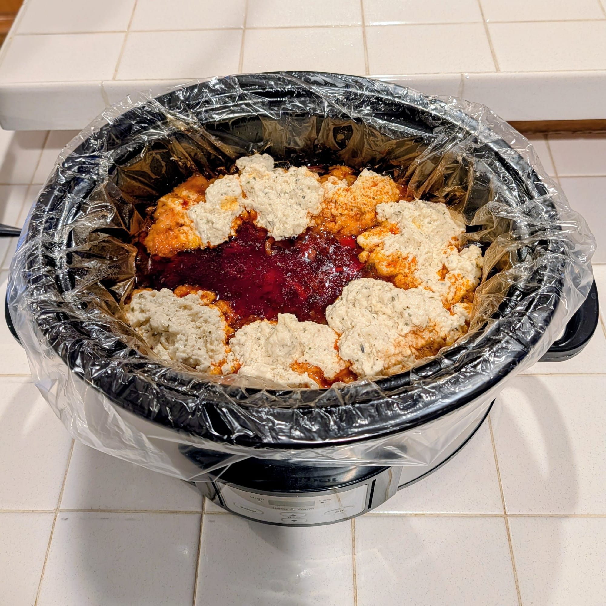Here is a good picture of the Hungarian Beef Stew right when the Basic Dumplings go in to cook for 40 more minutes.