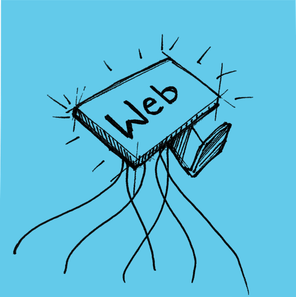 Sketch of a computer monitor floating in the air with many cords extending from the base.