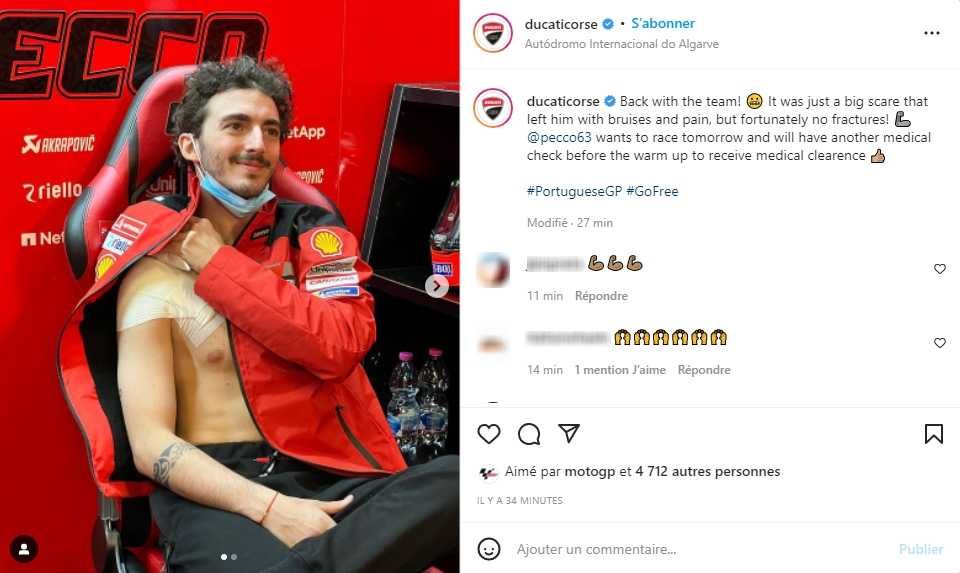 Portimao : Les nouvelles de Pecco Bagnaia