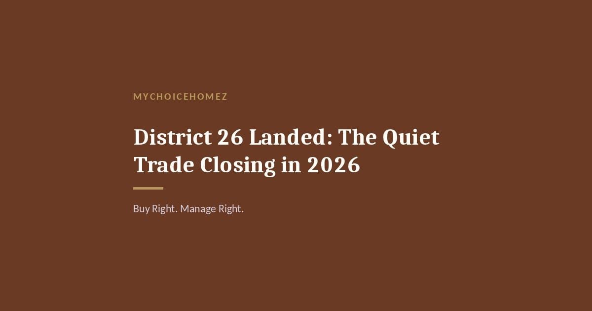 Cover graphic for the article 'District 26 Landed: The Quiet Trade Closing in 2026' — MyChoiceHomez, Buy Right. Manage Right.