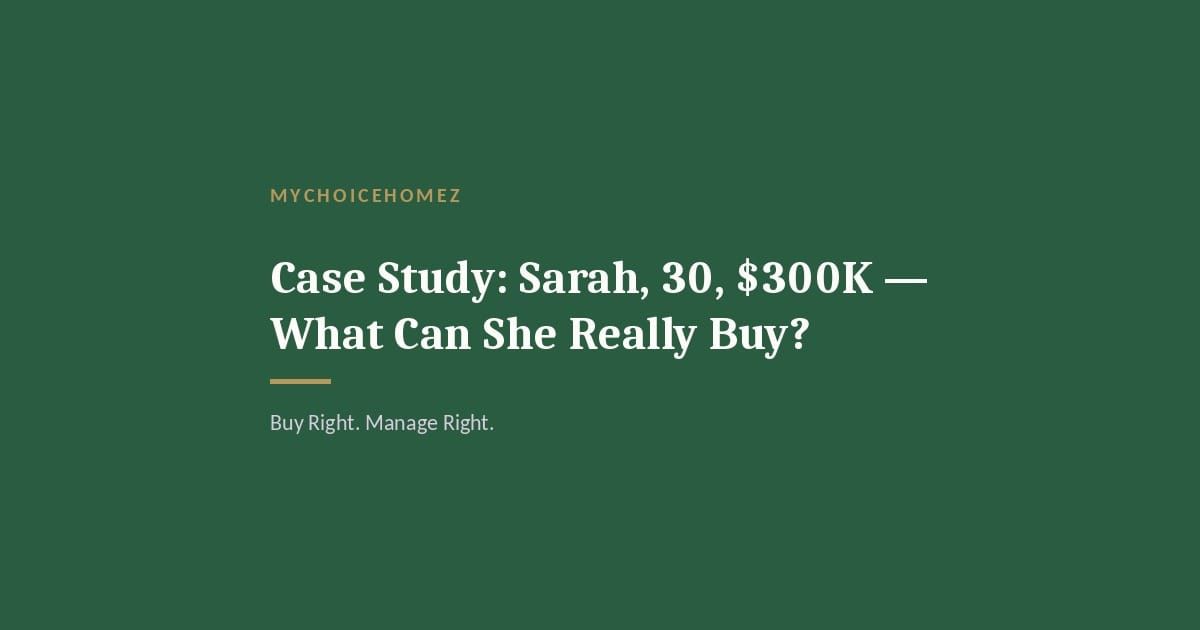 Cover graphic for 'Case Study: Sarah, 30, $300K — What Can She Really Buy?' — MyChoiceHomez