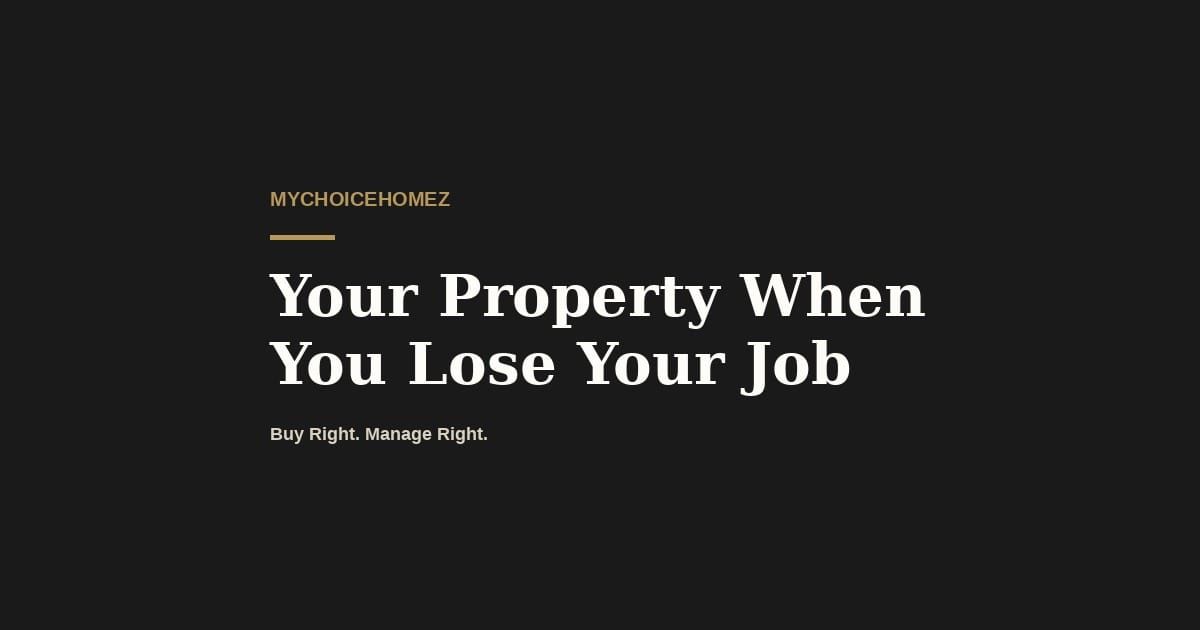 Dark charcoal graphic titled Your Property When You Lose Your Job for MyChoiceHomez