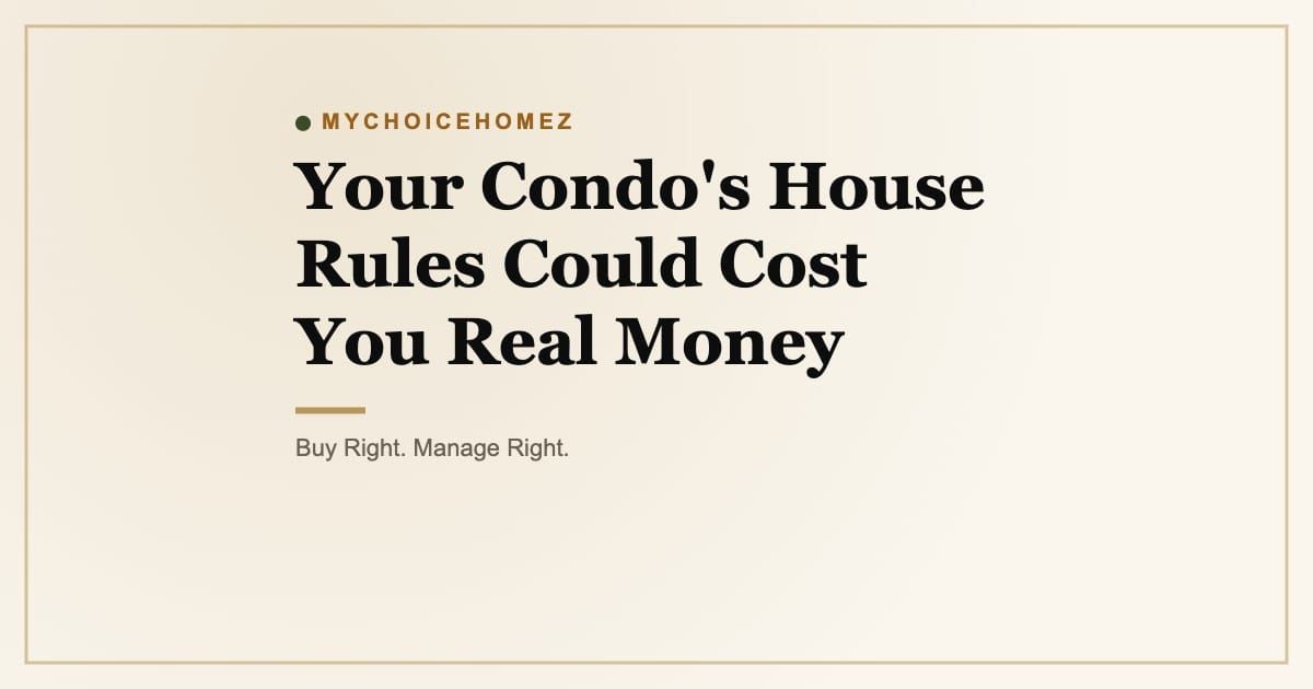 Cover graphic for the article 'Your Condo's House Rules Could Cost You Real Money' | MyChoiceHomez, Helping You Make Better Property Decisions