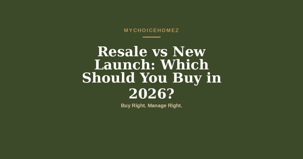 Cover graphic for the article 'Resale vs New Launch: Which Should You Buy in 2026?' — MyChoiceHomez, Buy Right. Manage Right.