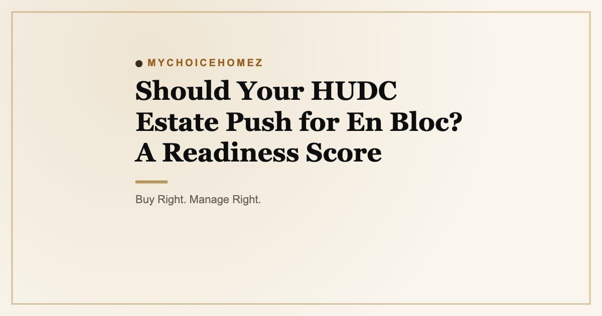 Cover graphic for the article 'Should Your HUDC Estate Push for En Bloc? A Readiness Score' | MyChoiceHomez, Buy Right. Manage Right.