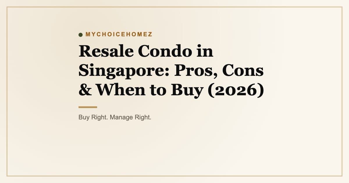 Cover graphic for 'Resale Condo in Singapore: Pros, Cons & When to Buy (2026)' | MyChoiceHomez