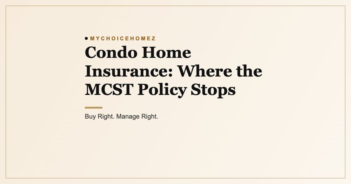 Cover graphic for the article 'Condo Home Insurance: Where the MCST Policy Stops', MyChoiceHomez, Buy Right. Manage Right.