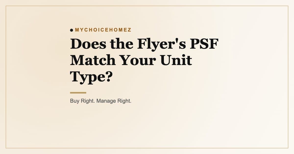 Cover graphic for the article 'Does the Flyer's PSF Match Your Unit Type?' — MyChoiceHomez, Buy Right. Manage Right.