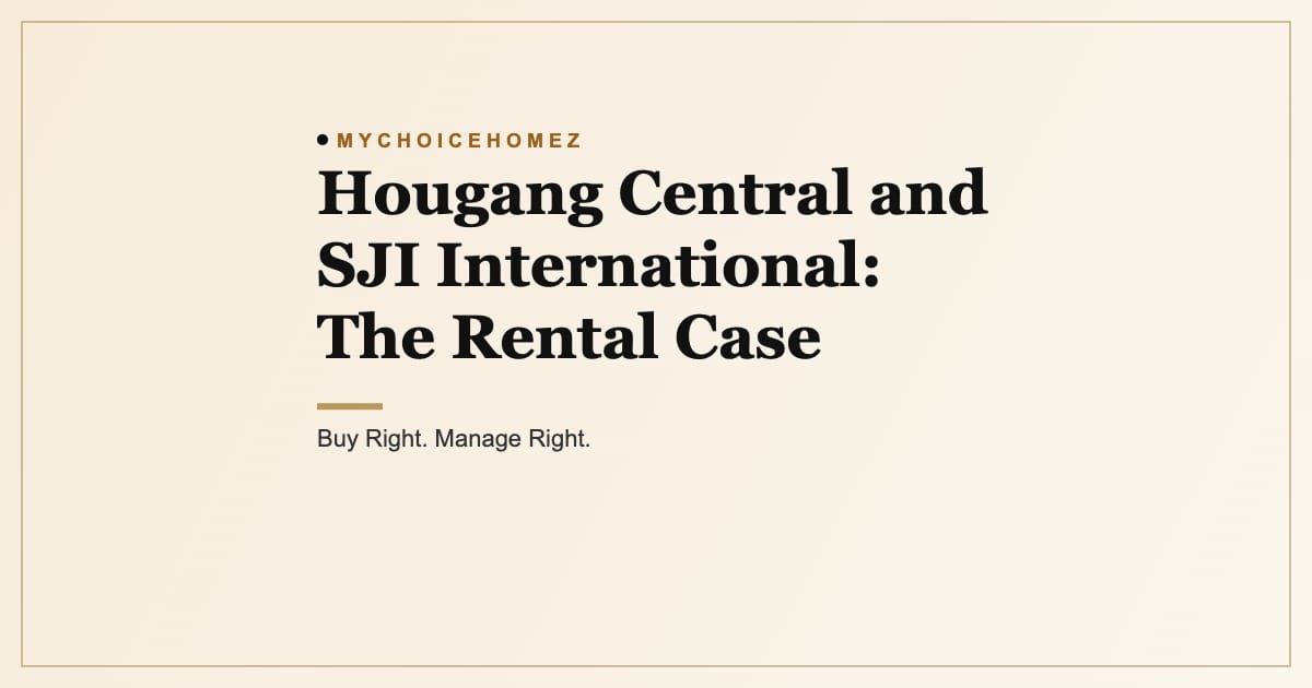 Cover graphic for the article 'Hougang Central and SJI International: The Rental Case', MyChoiceHomez, Buy Right. Manage Right.